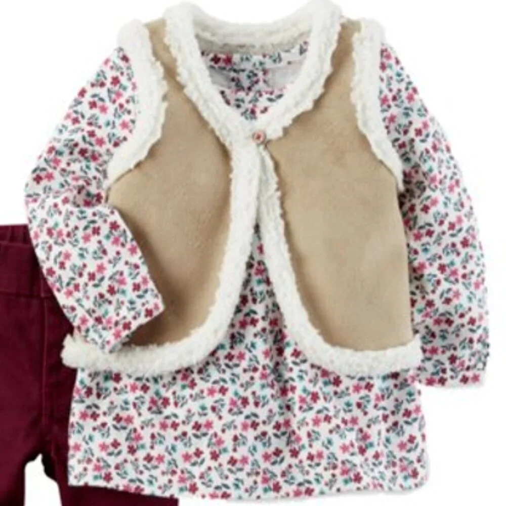 NWT Carter's Baby Girls 3-PC Sherpa Vest Set Floral L/S Dress Pant Outfi… - Picture 6 of 6
